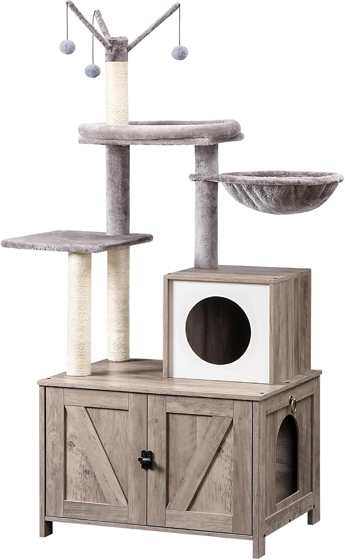 HOOBRO Cat Tree Tower with Litter Box Enclosure Indoor, Wooden Cat Condo with Scratching Posts, Litter Box Furniture Hidden, All-in-One Cat House, Greige BG15MZ03