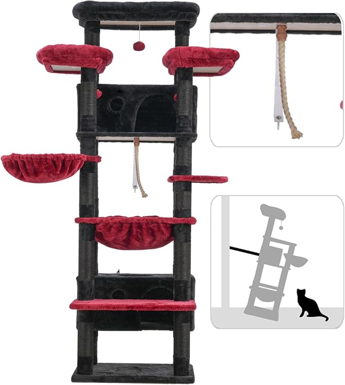 Gitelsnour Cat Tree, 74" Tower for Large Cats, Big Condo Hammock CCT030BR | Heavy duty, 3 Big Platforms, 2 Baskets, 2 Condos, Multi-Level Cat Scratching Posts, Indoor Cats Large Adult, Black and red