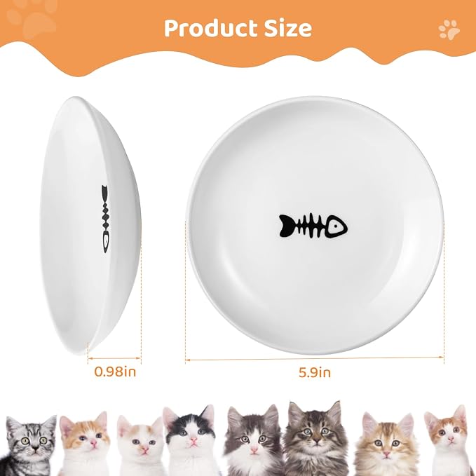Ceramic Cat Food Plates: Cat Wet Food Bowls/Whisker Fatigue Cat Dishes & Shallow Bowls for Kittens and Small Animals | For wet/dry food; fits kittens, rabbits, hamsters; microwave & dishwasher safe; stable fishbone design