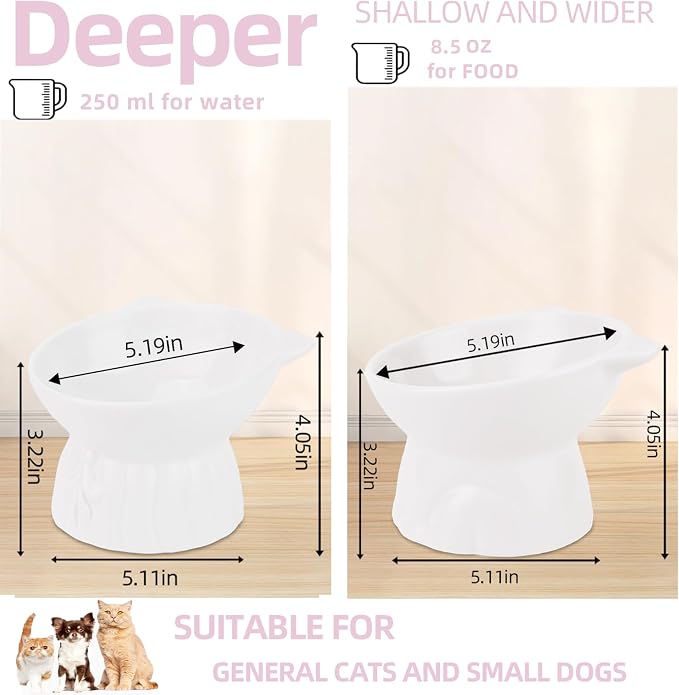 Elevated Cat Bowls 2-Pack, Ceramic Raised Cat Food & Water Dishes - Extra Wide & Shallow Whisker-Friendly Design, Anti-Vomit & Easy Digestion, Lead/Cadmium-Free, Microwave & Dishwasher Safe (White)