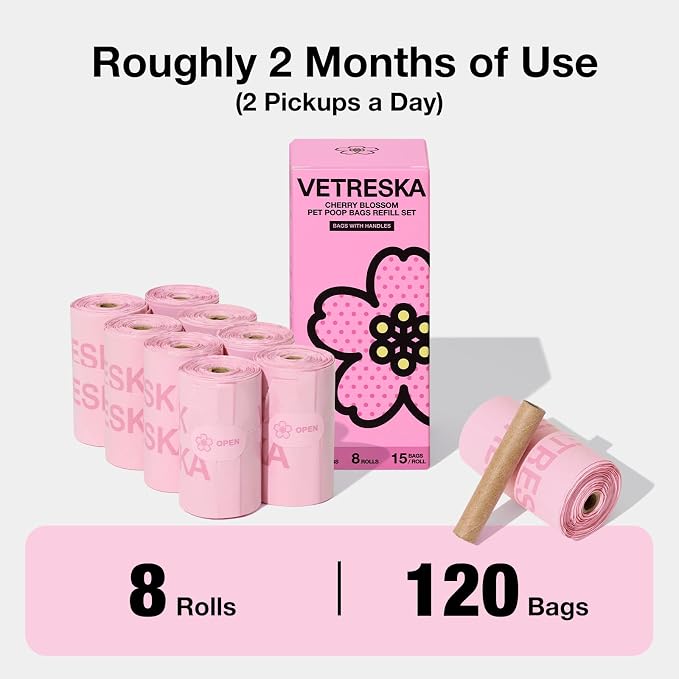 VETRESKA Dog Poop Bags with Handles 120 Count, Floral Scented Waste Bags | Leak-Proof Thick Dog Bags for Poop, Easy-Tie Large Poop Bags, 8 Refill Rolls for Dog Walking Cat Litter