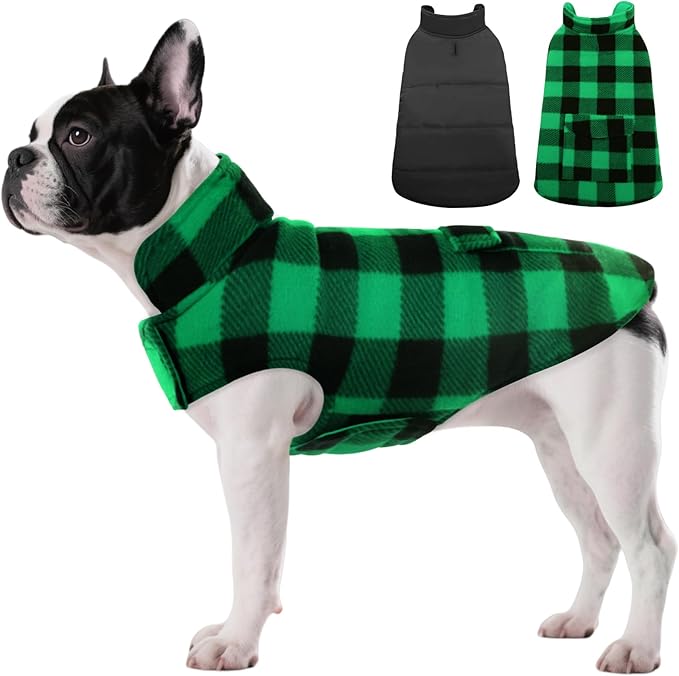 ASENKU Reversible Dog Winter Coat, Dog Jacket for Small Medium Large Dogs | Windproof Plaid Fleece Lining for Cold Weather, Water-resistant Outer Shell, Puppy Puffer Vest with Leash Hole, Green XS