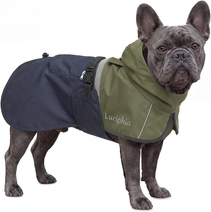 Luciphia Dog Raincoat, Adjustable Hooded Reflective Jacket with Pocket | Olive Navy Large dog rain jacket with leash hole, buckle-on, non-stick fur. For daily walks.