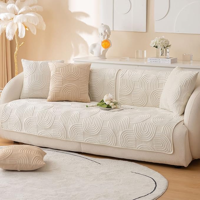 Soft Plush Geometric Quilted Couch Sofa Cover Boho Non Slip Fuzzy Sectional Couch Cover Solid Color Washable Sofa Slipcover Furniture Protector for Kids Dogs Cats (Ivory,28"x28")
