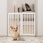 unipaws 36”H Free Standing Pet Gate for Dog Cat, 40”Wide Wooden Dog Gates | Foldable Pet Fence for Doorway, Stairs, Step, Expandable Doggy Barrier, Room Divider, Indoor Use, White