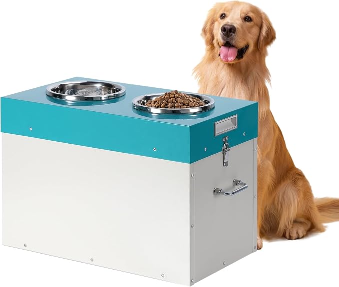 Elevated Dog Bowls with Storage Large 2-in-1 Pet Food Storage Raised Bowl | 15"H Galvanized Steel Raised Bowl for Dogs Holds Up To 45 Lbs 2 Removable Stainless Steel Bowls for Medium & Large Dogs