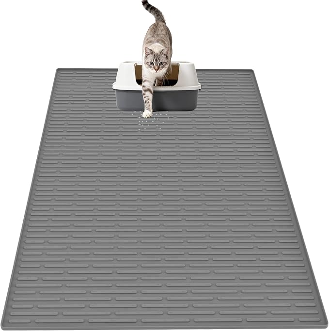 XXL Silicone Cat Litter Mat, 40"x30"(100cmx75cm) Extra Litter Box Mat for Floors, Non-Slip Litter Trapping Mat to Prevent Tracking, Easy to Clean Kitty Litter Catcher Mat, Durable, Dark Gray