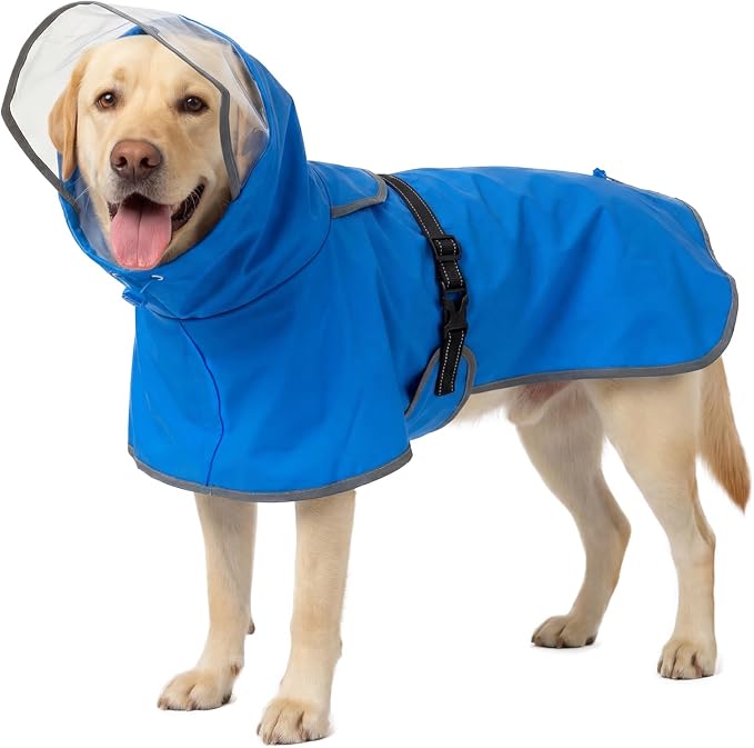 BRKURLEG Dog Raincoat, Waterproof Rain Jacket with Clear Hood for Small Medium and Large Dogs, Adjustable Reflective Pet Rain Coat Poncho with Leash Hole, Blue XXL