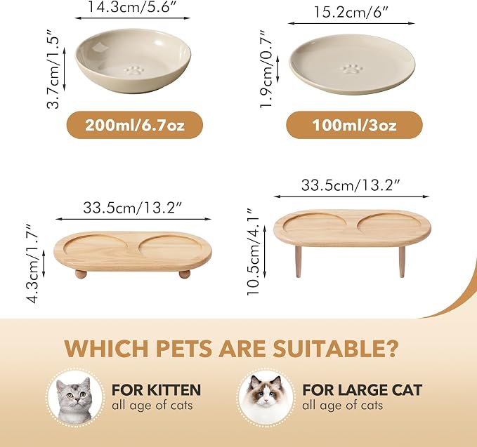 Havniva Elevated Cat Bowls, Cat Food and Water Bowl Set, Ceramic Cat Bowl | Raised Cat Food Bowls, Whisker Friendly, 5.6” Shallow Cat Dishes + 6” Wide Cat Plates, Non-Slip Wood Stand, Two Heights