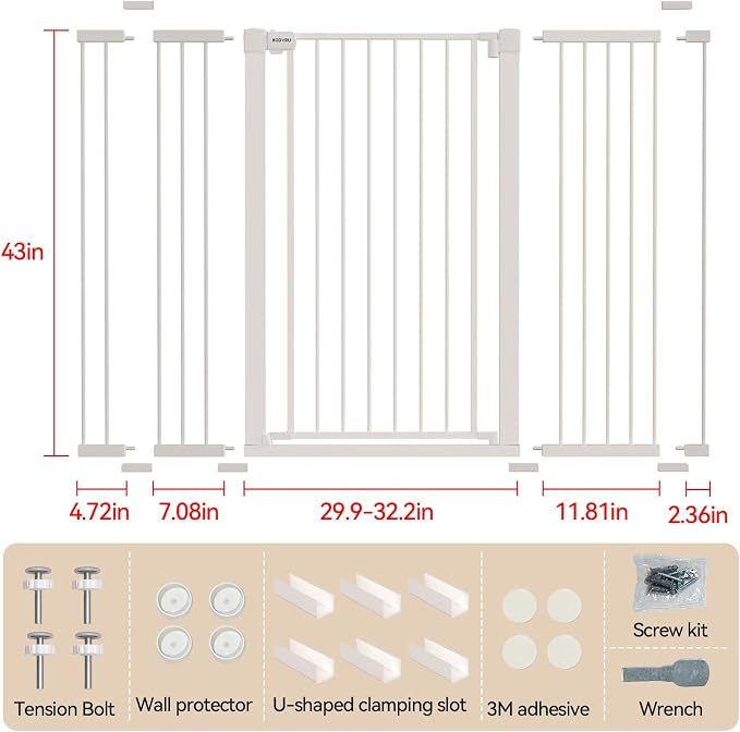 43 inch Tall Safety Dog Gate Adjustable 29.7-57 inch Extra-Wide Metal Pet Gate Drill-Free Pressure-Mount Installation kit Self-Closing Cat Gate for Stairwells、Doorways（White）