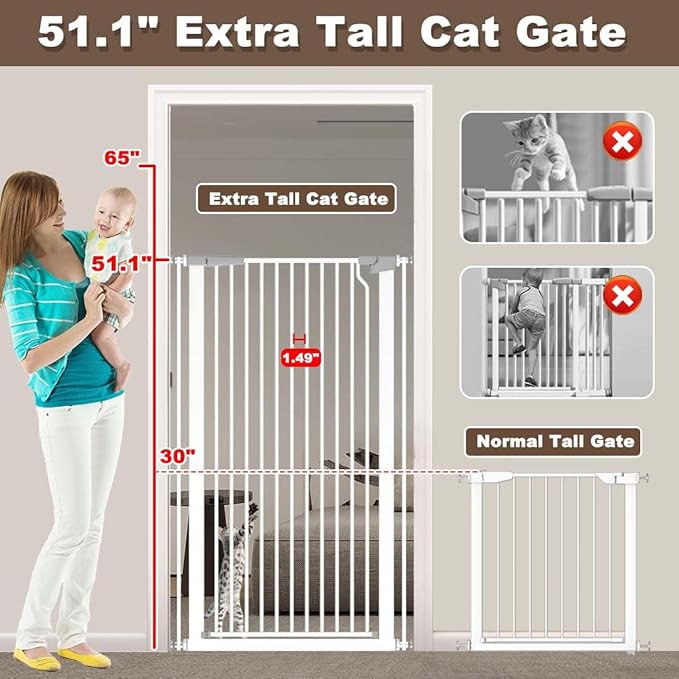 Fairy Baby 51.1" Extra Tall Pet Gate 48.5"-56.2" Extra Wide Tall Dog Gates | Long Baby Gate for Doorways, 1.37" Gap No Drill Pressure Mounted Dog Gate, Metal Auto Close Safety Child Gate Indoor, White