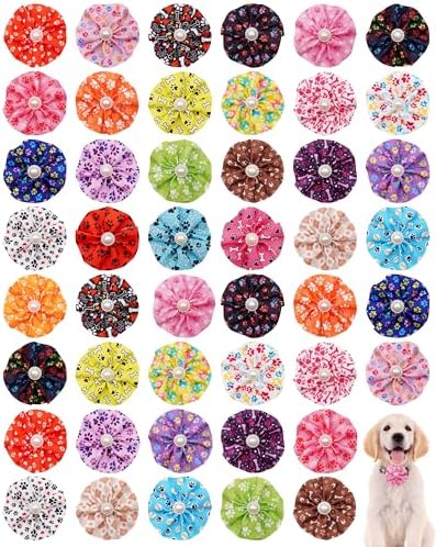 PET SHOW 50 Pack Dog Collar Flowers and Bows Bulk Paw Bone Random Assorted Small Medium Large Dogs Cats Charms Girl Boy Slide on Collars Harness Attachments Pet Costume Grooming Accessories by PETSHOW