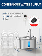 Cat Water Fountain Stainless Steel for Cats Indoor 2.5L 85oz by BPA-Free SUS304, Effective 6-Layer Filter Cat Fountain for Drinking 20dB Ultra Quiet Metal Pet Water Fountain (Fountain+1 Filter)
