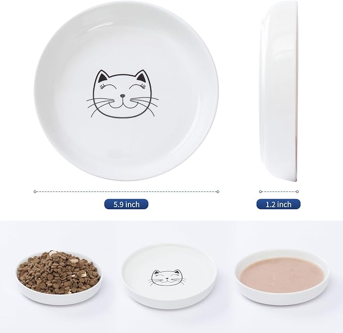 Lusifaco Shallow Wide Cat Food Bowls Anti Whisker Fatigue (Green, 3 Pack) | 5.9 Inch 2 Height Raised Ceramic Cat Dishes with Bamboo Stand, Flat Pet Water Food Plates Feeding Station for Indoor Kitten