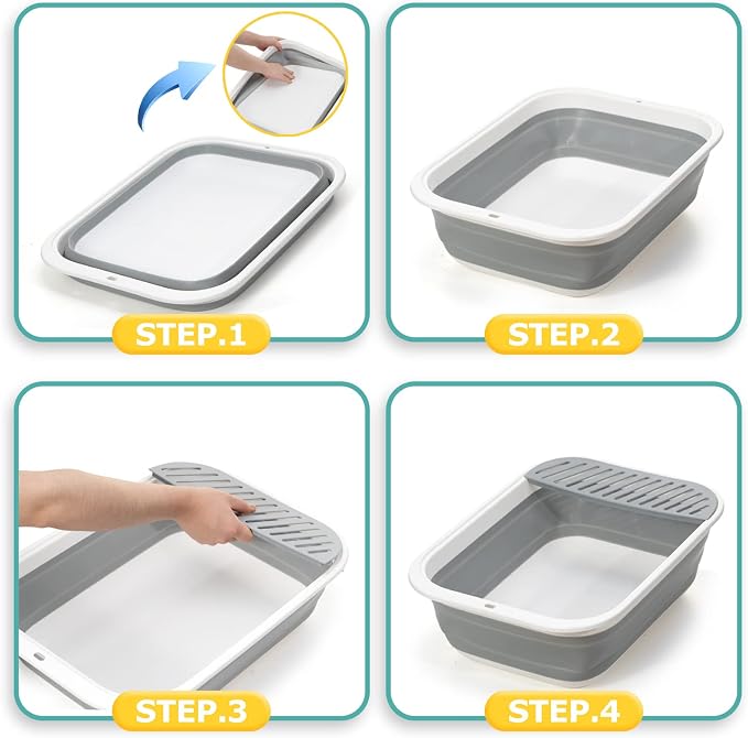 Foldable Cat Litter Box, Large Height-Adjustable Anti-Splash Open Air Kitty Litter Pan, Easy Clean with Scoop (Gray)
