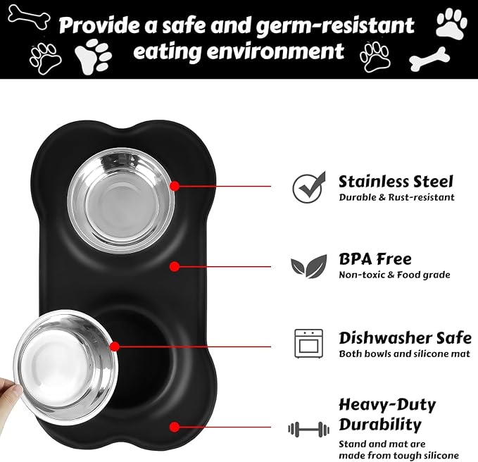 AsFrost Dog Food Bowls Stainless Steel Dog Bowls with No Spill Non-Skid Silicone Mat, Dog Food and Water Bowl Set, Dog Dishes for Small Medium Large Sized Dogs Pet Food Feeding Bowls, 4 Cup, Black