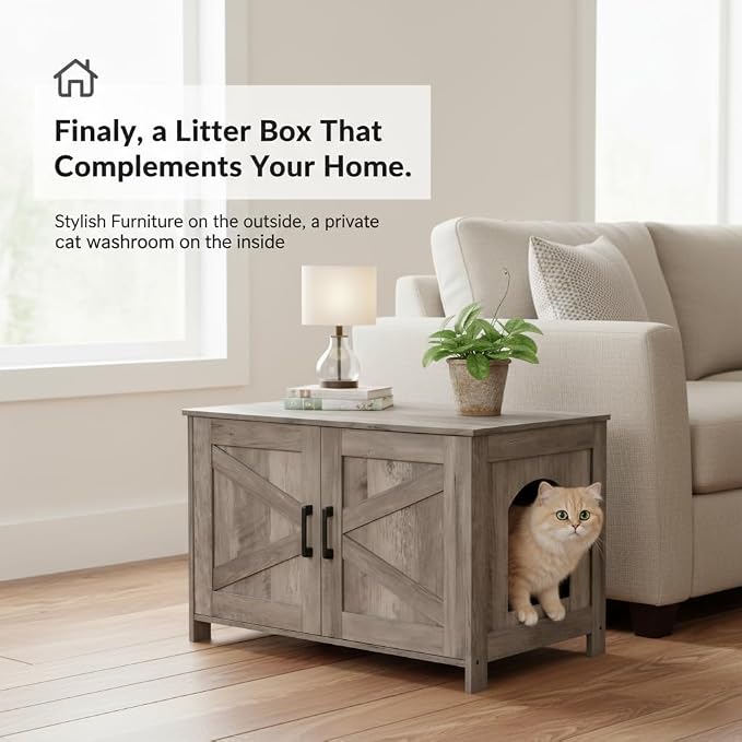 Homhedy 31.5" L Cat Litter Box Enclosure with Barn Door, Greige | Wooden Cat Washroom Furniture, Cat House, Pet Storage Cabinet, Dog-Proof, Fit Most of Litter Box, Farmhouse Style