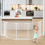 COMOMY 127.8" Extra Wide Baby Gate, Dog Gate for House Stairs Doorways | Auto Close Pet Gate with Door Walk Through, 5 Metal Panels, Hardware Mounted Baby Fence Indoor Outdoor(30" Tall,White)