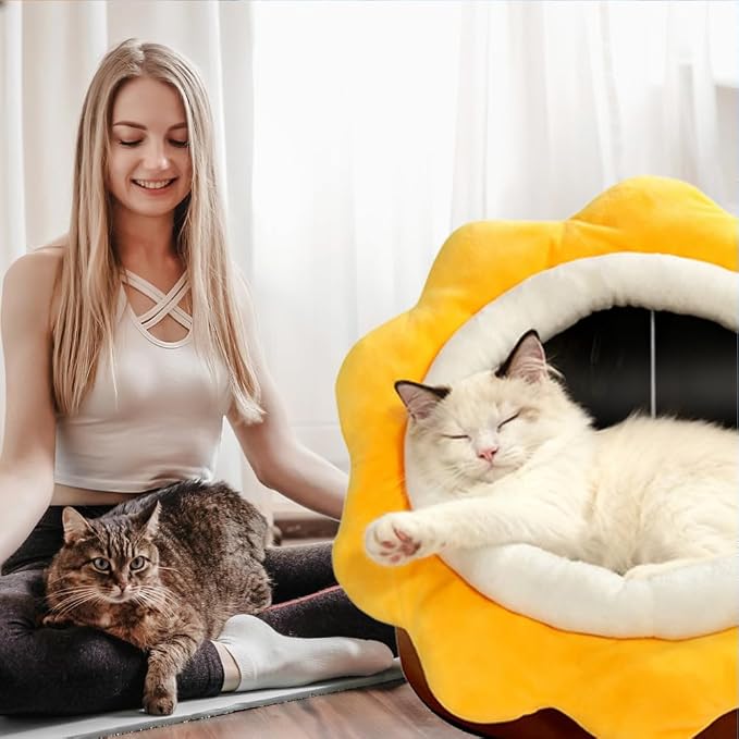 Cat Beds for Indoor Cats - Sun Flower Shaped Cute Cat Cave Bed,Brown L | Super Soft Plush Calming cat Tent house for Kitten&Puppy with Toy,Machine Washable&Thick and Removable Sushion,cat Hideaway