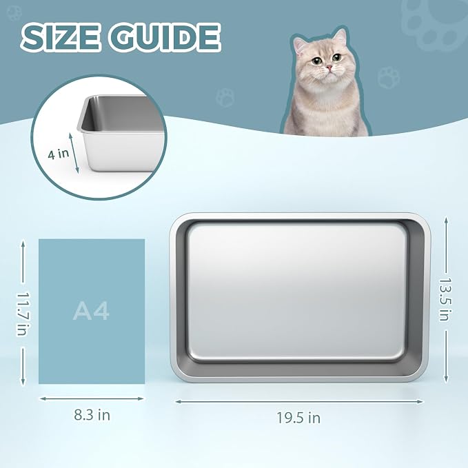 WENBOKMIN Stainless Steel Cat Litter Box - (19.5" L x 13.5" W x 4" H) | Non Slip, Easy to Clean, Never Absorbs Odor, Stains, or Rusts