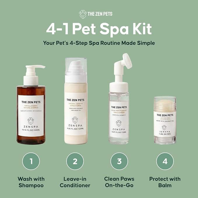 ZenSpa 4-in-1 Dog Spa Kit | Oatmeal Shampoo, Conditioner, Paw Cleaner and Nose Balm | Hypoallergenic Natural Formula for Sensitive Skin | All Breeds and Puppies