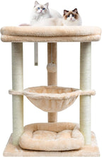 SYANDLVY Small Cat Tree for Indoor Cats with Top Perch Hammock & Bottom Bed | Natural Sisal Scratching Post Tower with Hanging Bell Ball and Anti-Tip Strap, Stable Kittens Furniture, Beige