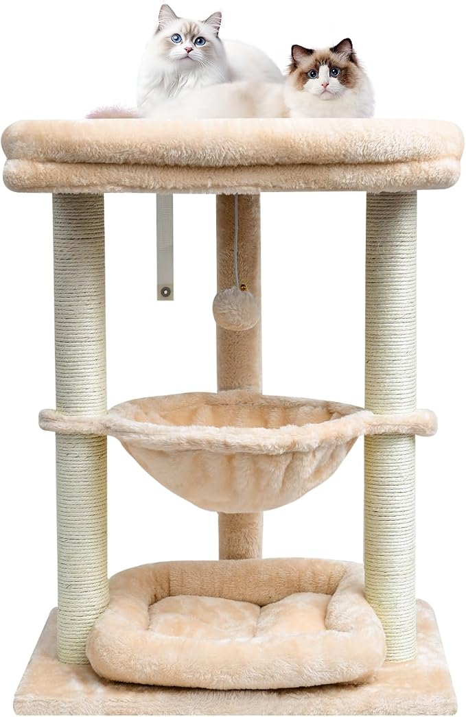 SYANDLVY Small Cat Tree for Indoor Cats with Top Perch Hammock & Bottom Bed | Natural Sisal Scratching Post Tower with Hanging Bell Ball and Anti-Tip Strap, Stable Kittens Furniture, Beige
