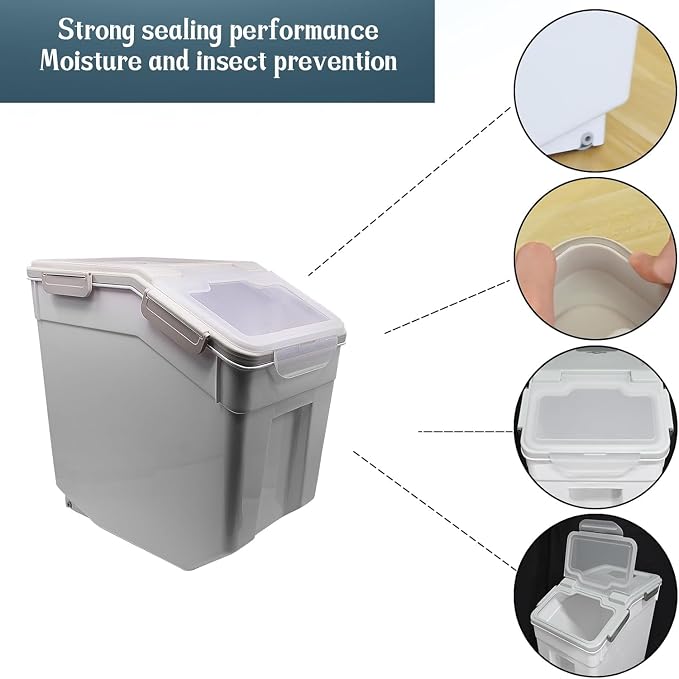 AnRui Rice Storage Container 50LB, Airtight Flour Storage Containers, Plastic Cereal Grain Dispenser Organizer Pet Food Storage Bin with Lid, Measuring Cup, Scoop, Gray, 2Pcs(Total Capacity:100LBS)