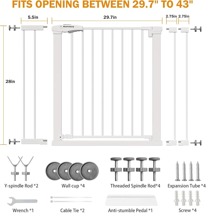Mumeasy 29.7-43" Baby Gate, Adjustable Safety Gate for Stairs & Doorways | No drill installation, auto close door, one hand operation, adjustable width, for dogs pets babies toddlers