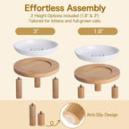6 Inch Shallow Ceramic Elevated Cat Bowl, Whisker-Friendly Raised Flat Cat Food Plate Feeding Station with Bamboo Stand for Indoor Cats and Kittens (Set of 2, 1.8" & 3" Stand, White)