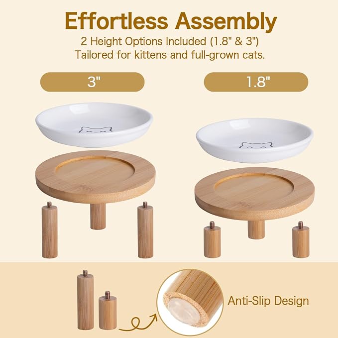 6 Inch Shallow Ceramic Elevated Cat Bowl, Whisker-Friendly Raised Flat Cat Food Plate Feeding Station with Bamboo Stand for Indoor Cats and Kittens (Set of 2, 1.8" & 3" Stand, White)