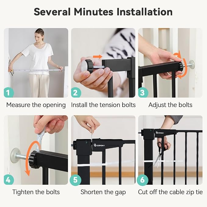 COMOMY 30" Tall Baby Gate for Stairs Doorways, Fits Openings 29.5" to 43.3" Wide, Auto Close Extra Wide Dog Gate for House, Pressure Mounted Easy Walk Through Pet Gate with Door, Black