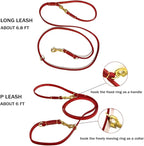 Multi Function 8ft Genuine Leather Hands Free Dog Training Leash for Puppy Small and Medium Dogs (8 Foot*3/8 inch, Red)