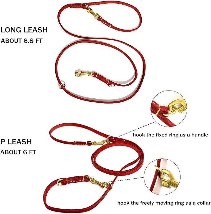 Guiding Star 8ft Leather Dog Leash - Soft Multi-Function 6 in 1 Training Walking Leash, Hands Free, Dual, Crossbody for Small, Medium and Large Dogs, Service Dogs - Red