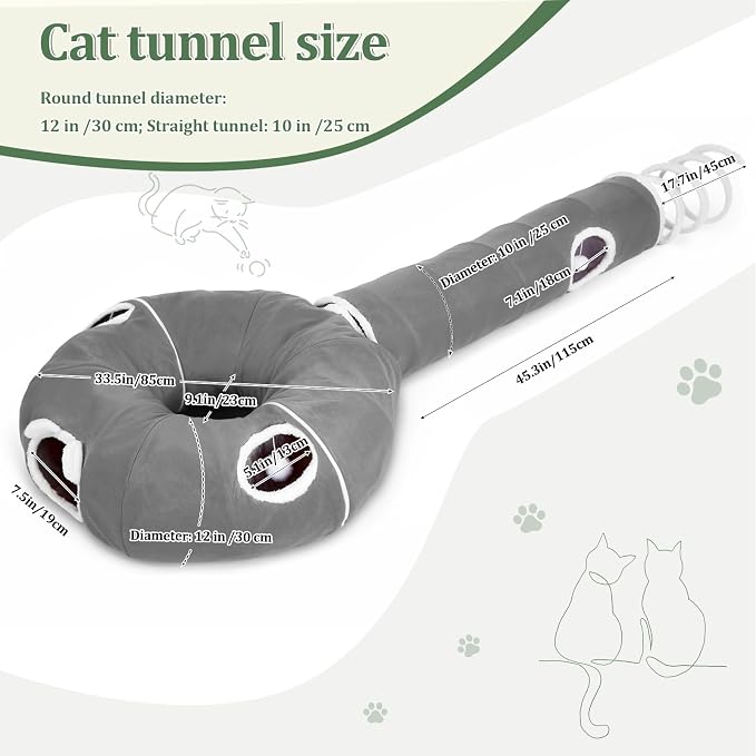 Ownpets 2-in-1 Cat Tunnel Large Lollipop 12" D Collapsible Cave Plush, Grey | Foldable Tunnel Bed, Fluffy Ball, Multi-Exit Maze, For Cats Kittens Puppies Rabbits, Soft Plush, Easy Store, Cozy Hiding Spot