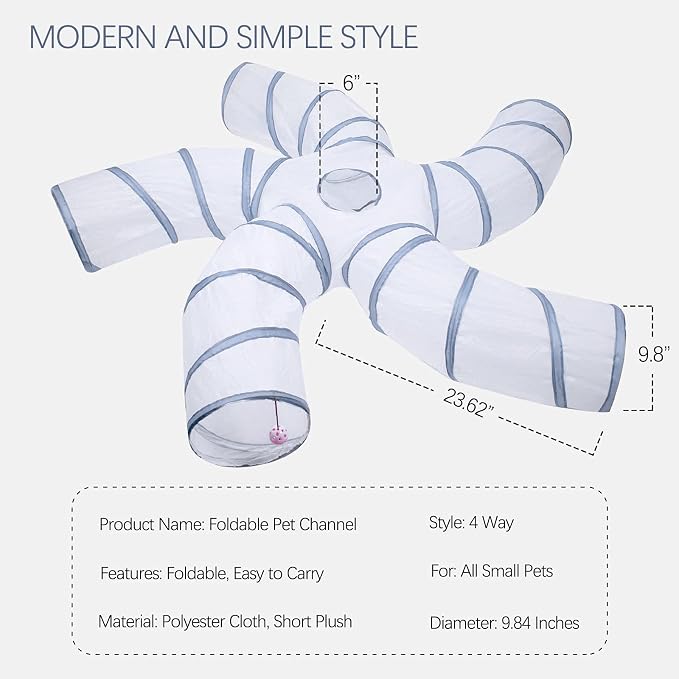 EGETOTA Cat Tunnel for Indoor Cats Large, with Play Ball S-Shape 5 Way Collapsible Interactive Peek Hole Pet Tube Toys, Puppy, Kitty, Kitten, Rabbit (White & Grey)