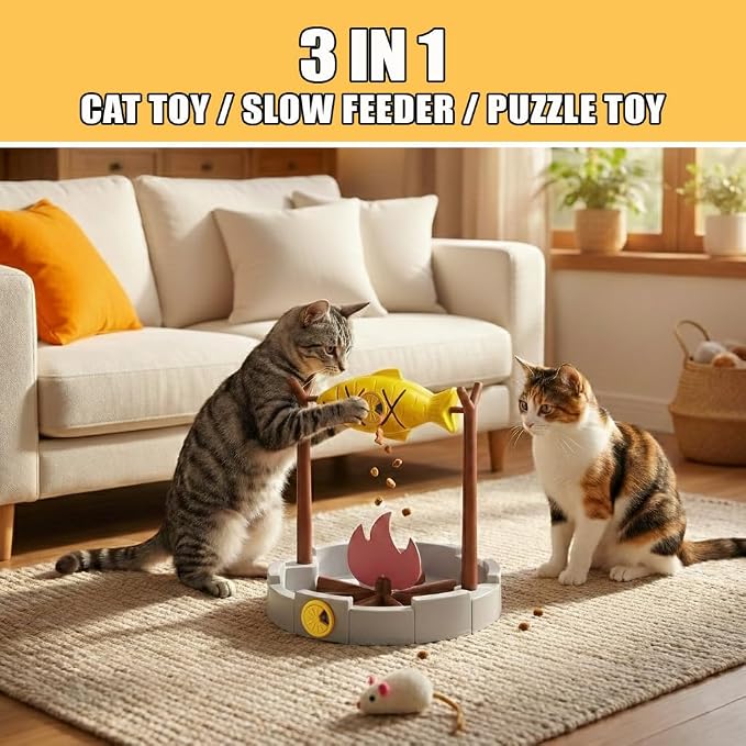 PetPals Cat Slow Feeder Treat Dispenser Interactive Cat Puzzle Fish Toy | Dry Food Dispensing Cat Toy for Small Pets & Kittens, Mental Stimulation Cat Feeding Toy Campfire Theme BBQ Fish Cat Toy