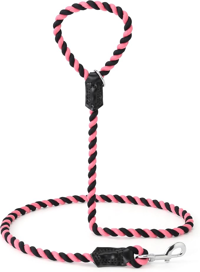Mile High Life Rainbow Dog Leash Braided Cotton Rope w Leather-Wrapped Ends | Rust-proof 360° swivel clasp, Heavy-duty for medium/large breeds. Great for weddings, daily walks (4FT, 1/2", Black/Pink)