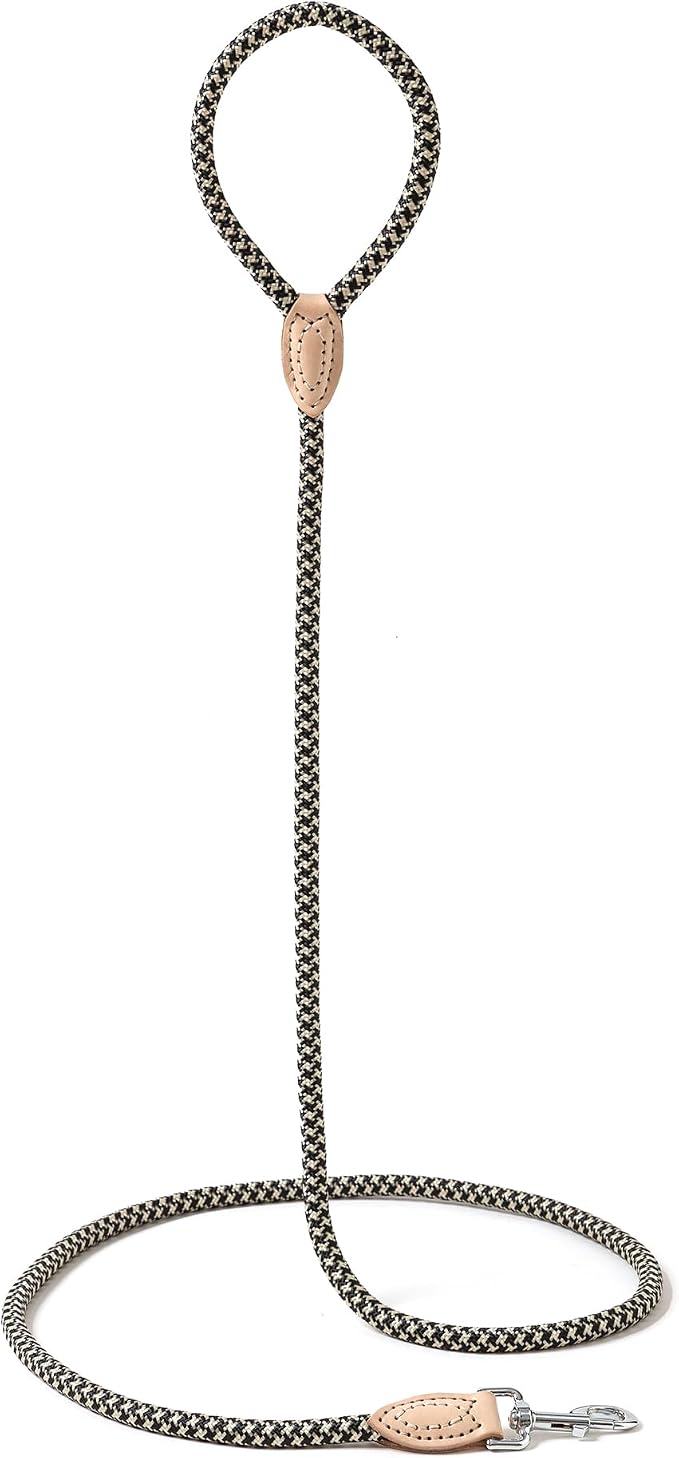 Mile High Life Dog Leash with Genuine Leather Connection, 4/5/6 FT | Rope Leash, Heavy Duty 360° Swivel Metal Clasp, for Small Medium & Large Dogs Walking (Black Khaki, 72 Inch-1/2)