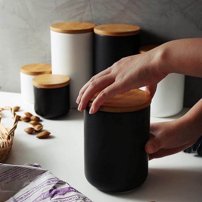 MilkyWay Food Storage Jar Ceramic Canisters With Airtight Seal Lid S 8.7oz | Durable Ceramic Material, Airtight Bamboo Lid, Modern Damp-Proof Design, Ideal For Coffee And Tea(Black(S: 8.7oz/260ml))