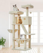 Taoqimiao Sturdy Cat Tree, 58In Cat Tower for Indoor Cats Large Adult | Spacious Cat Condo, 2 Cute Perches, Metal Frame Cozy Hammock, 1 Scratch Board, 8 Natural Sisal Posts, Basket, Beige, MS026M