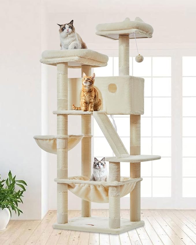 Taoqimiao Sturdy Cat Tree, 58In Cat Tower for Indoor Cats Large Adult | Spacious Cat Condo, 2 Cute Perches, Metal Frame Cozy Hammock, 1 Scratch Board, 8 Natural Sisal Posts, Basket, Beige, MS026M