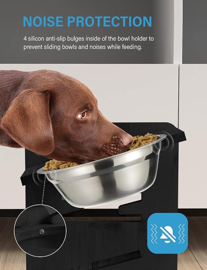Vantic Elevated Dog Bowls, Raised Dog Bowl Stand Adjustable Medium, Black | Bamboo Elevated Feeder with 2 Stainless Steel Bowls, Adjustable Height Stand for Medium Dogs