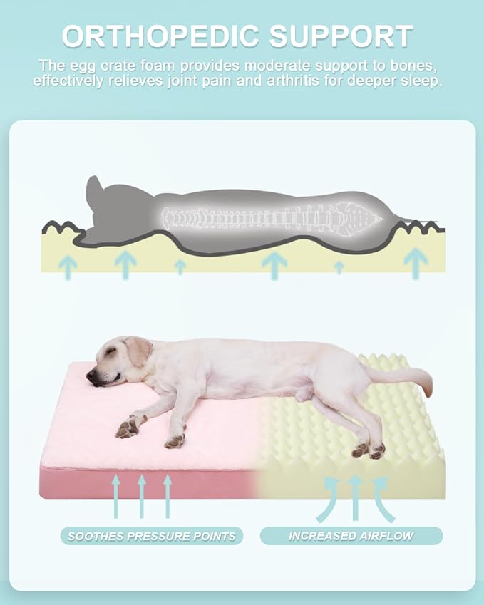 KSIIA Orthopedic Dog Bed for Extra Large Dogs with Waterproof, Pink, 47x29 | Deluxe Soft Plush Dog Crate Bed, Washable Pet Mat with Removable Cover & Egg Crate Foam for Extra Large Dogs Sleeping