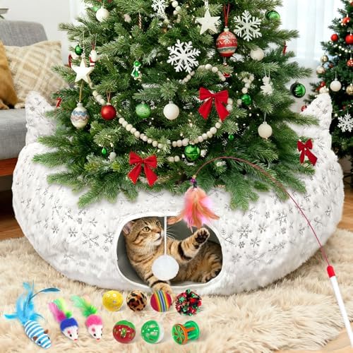 White Plush Cat Tunnel Christmas Tree Skirt with 11 Pcs Interactive Toys by OurWarm