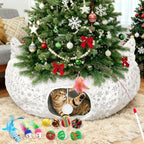 White Plush Cat Tunnel Christmas Tree Skirt with 11 Pcs Interactive Toys by OurWarm