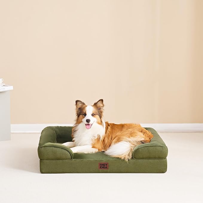 EHEYCIGA Orthopedic Dog Beds Large Sized Dog, Waterproof Washable Pet Bed | Non-Slip Bottom and Egg-Crate Memory Foam Dog Couch Bed with Washable Removable Cover, Olive Green