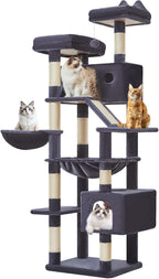 Taoqimiao Cat Tree, 71 in Extra Large Cat Tower for Inddor Cats, MS026LG | 2 Large Cat Condos, 2 Cute Perches, Metal Frame Cozy Hammock, Durable Scratch Board, 8 Natural Sisal Posts, Basket,Smoky Gray