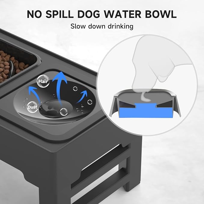 ELS PET Adjustable Elevated Dog Bowls, No Spill Water Bowl and Slow Feeder | Adjustable Height 3 to 11 Inch, Small, Medium, Large Dog, Slow Feeder Insert, No Spill Water Bowl, Anti-Slip Feet, Removable