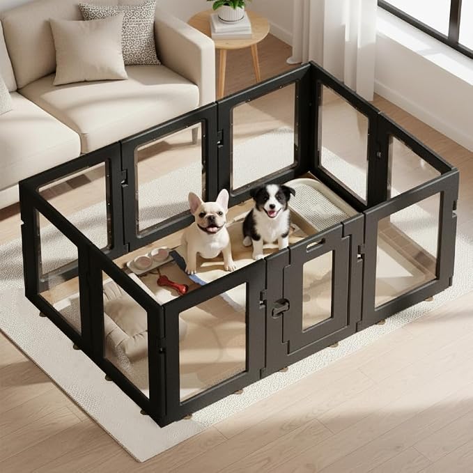 Clear Acrylic Dog Playpen Indoor, Puppy Cat Small Pet Play Pen, Easy Assemble & Disassemble Sturdy Plastic Dog Fence with Heavy Duty Door Lock (24In H, 12PCS), Black